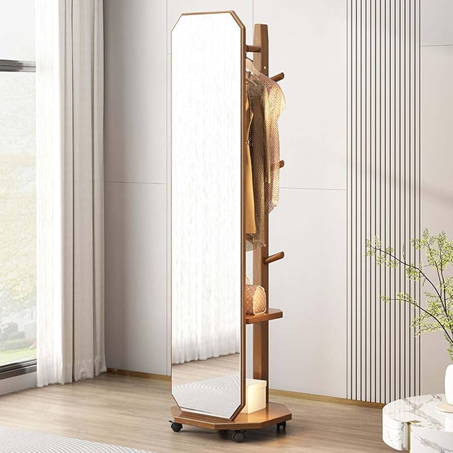 【新品未使用】大型ブラウンスタンドミラー　姿見全身　スタンド＆固定ひも　ヤマソロ スタンドミラー 全身鏡 姿見 移動キャスター付 ブラウン 天然木